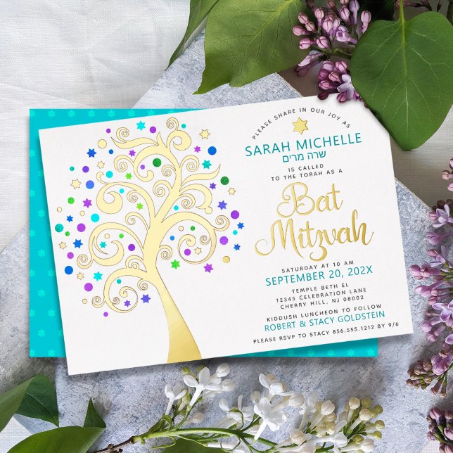 Invitation En Aluminium Bat mitzvah Turquoise Arbre ou Vie Script Véritabl (Créateur téléchargé)