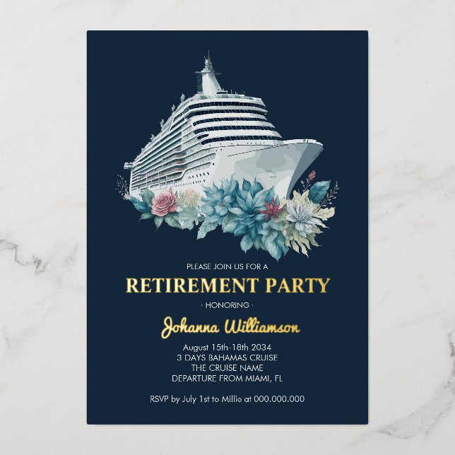 Invitation En Aluminium Bateau de croisière Retraite Party Gold Foil Invit (Recto)