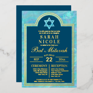 Invitation En Aluminium Bath Mitzvah Blue Opale Étoile de David Glam Or