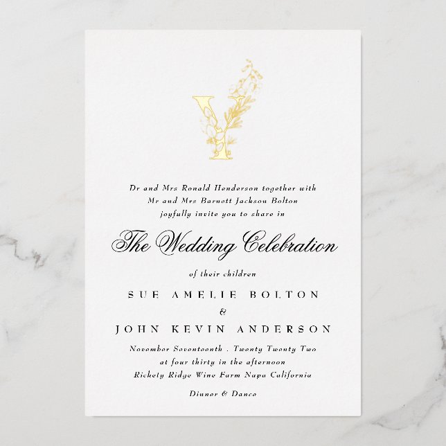 Invitation En Aluminium Beau Élégant Floral OR Monogramme Mariage (Recto)