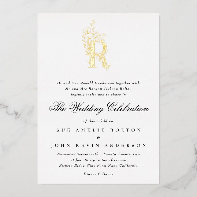 Invitation En Aluminium Beau Élégant Floral OR Monogramme Mariage (Recto)