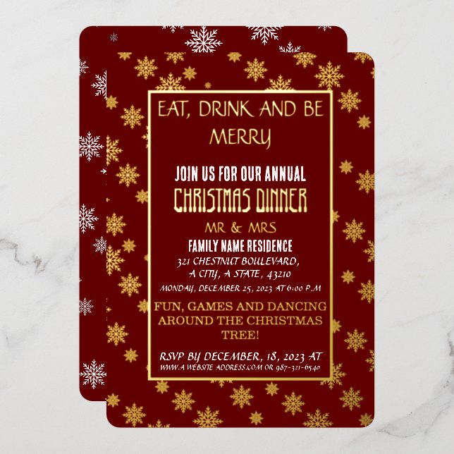 INVITATION EN ALUMINIUM BEAU FLAKES DE NEIGE INOXYDABLE SUR ARRIÈRE - PLAN (Recto/Verso)