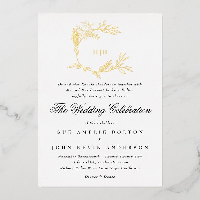 Invitation En Aluminium Beau Floral OR Monogramme Mariage esquissé (Recto)