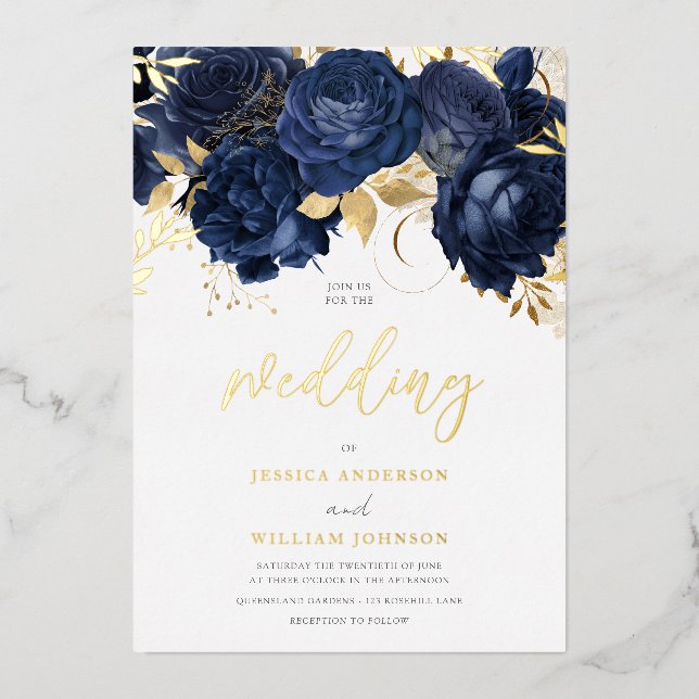 Invitation En Aluminium Beau Mariage de marine : Floral & Gold (Recto)