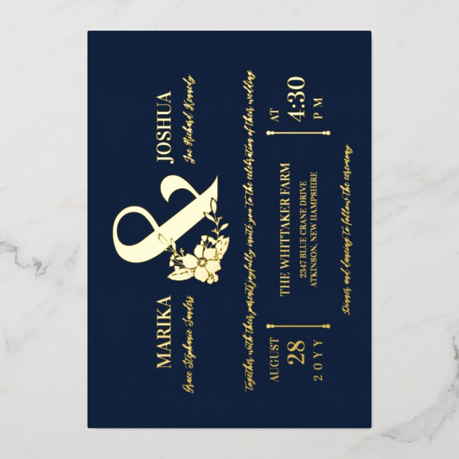 Invitation En Aluminium Beau Mariage Floral Ampersand Typographie Marine (Recto)