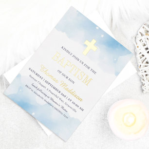 Invitation En Aluminium Bébé Bleu Aquarelle Nuages Croix Or Baptême