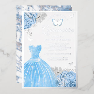 Invitation En Aluminium Bébé Bleu Floral Papillon Quinceanera Argent