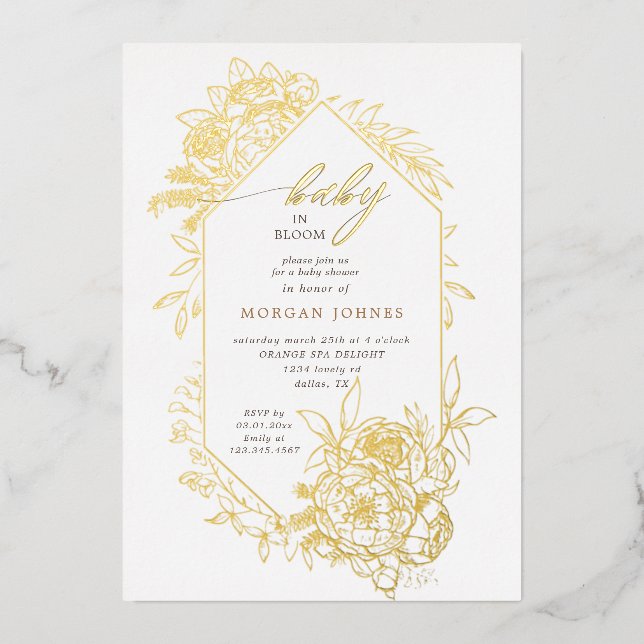 Invitation En Aluminium bébé en fleur baby shower fleuri or (Recto)