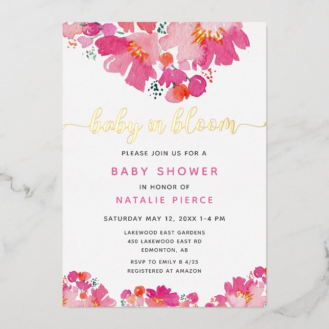 Invitation En Aluminium Bébé en Fleur Baby shower rose Floral Aquarelle (Recto)