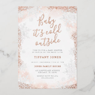Invitation En Aluminium Bébé il fait froid dehors Flocon Rose Baby shower