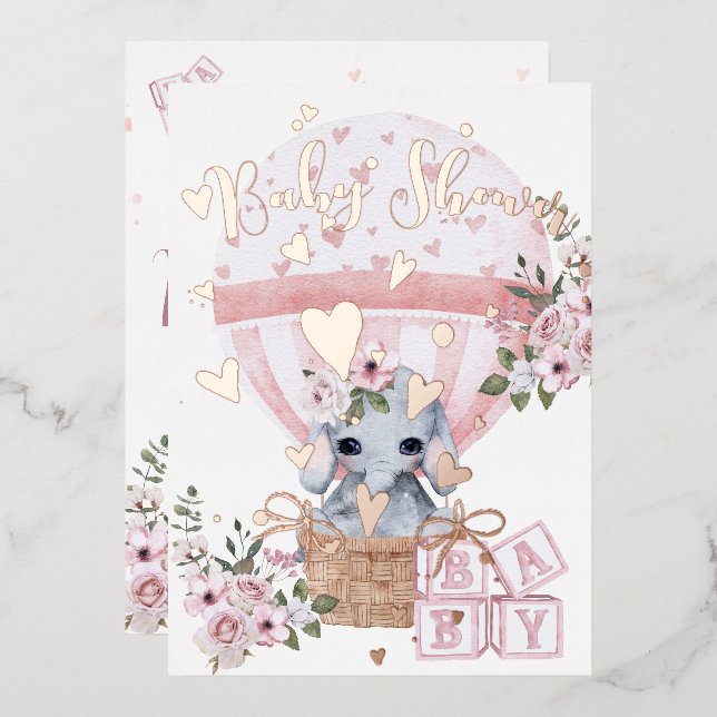 Invitation En Aluminium Bébé mignon Eléphant Floral Rose (Recto/Verso)