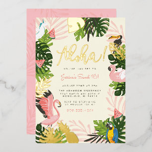 Invitation En Aluminium Beige Aloha Hawaii Tropical Gold Birthday Party
