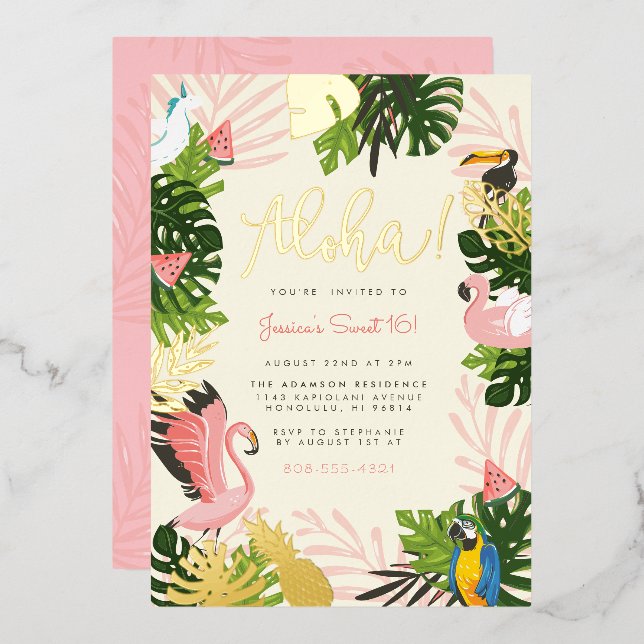 Invitation En Aluminium Beige | Aloha Hawaii Tropical Gold Birthday Party (Recto/Verso)