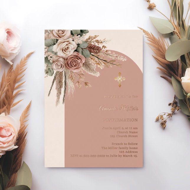 Invitation En Aluminium Beige taupe ivory roses pampas arch Confirmation (Créateur téléchargé)