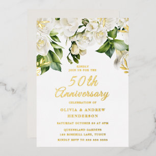 Invitation En Aluminium Belle Fleurs blanches & Or 50e anniversaire
