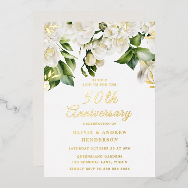 Invitation En Aluminium Belle Fleurs blanches & Or 50e anniversaire (Recto/Verso)