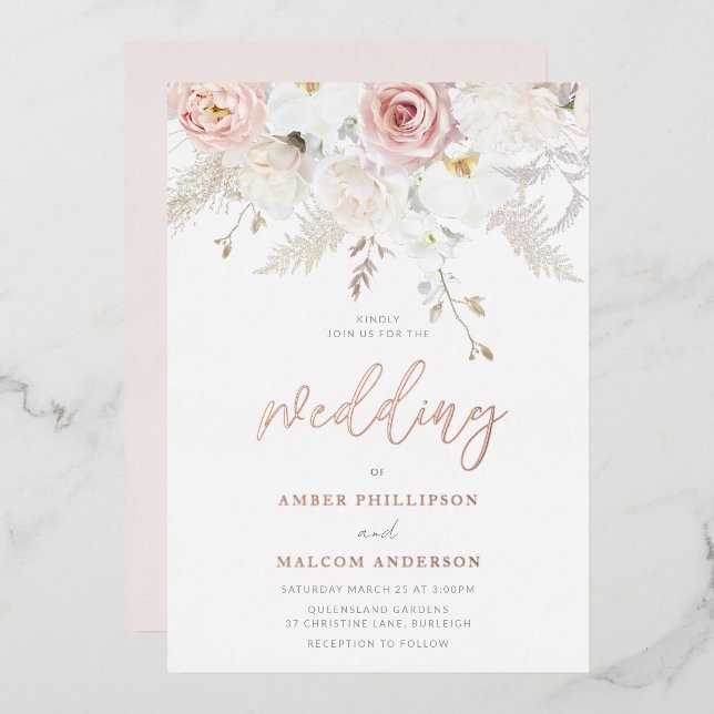 Invitation En Aluminium Belle Fleurs de Mariage Véritable Or Rose (Recto/Verso)