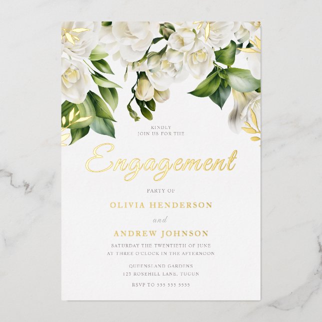 Invitation En Aluminium Belle White Floral Engagement Party Gold (Recto)