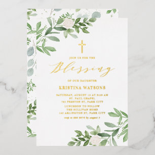 Invitation En Aluminium Bénédiction de bébé avec verdure aquarelle et fleu