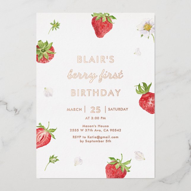 Invitation En Aluminium Berry rose Gold Foil Premier anniversaire (Recto)