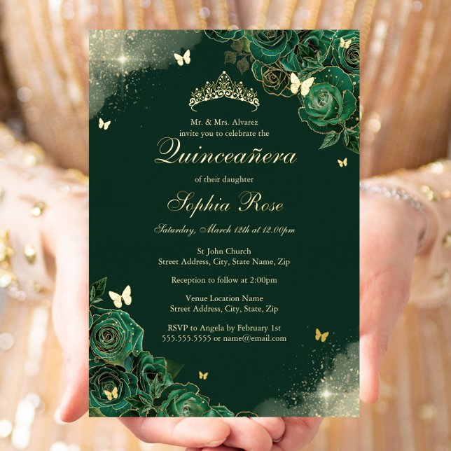 Invitation En Aluminium Beurre d'émeraude d'or Quinceanera (Créateur téléchargé)