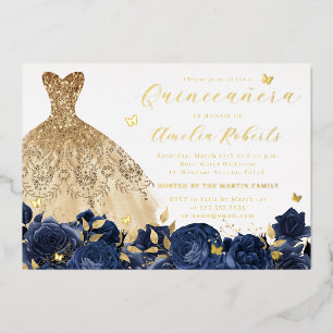 Invitation En Aluminium Beurre d'or de la Marine Élégant Floral
