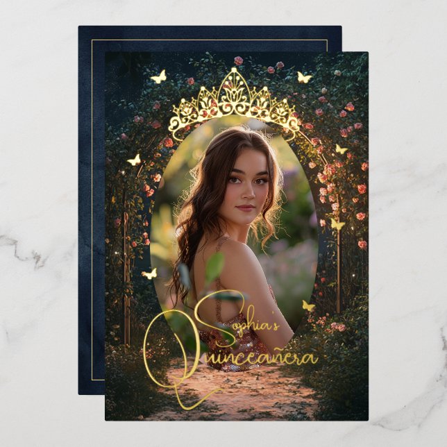Invitation En Aluminium Beurre d'or fleuri du jardin Photo Quinceanera (Recto/Verso)