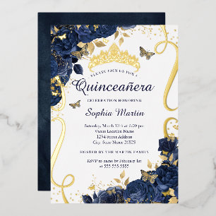 Invitation En Aluminium Beurre Fleur Élégant Marine Or Quinceanera
