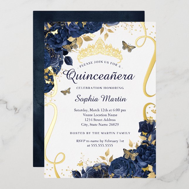 Invitation En Aluminium Beurre Fleur Élégant Marine Or Quinceanera (Recto/Verso)