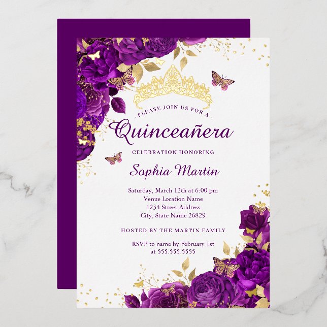 Invitation En Aluminium Beurre Fleur Élégant Violet Quinceanera (Recto/Verso)