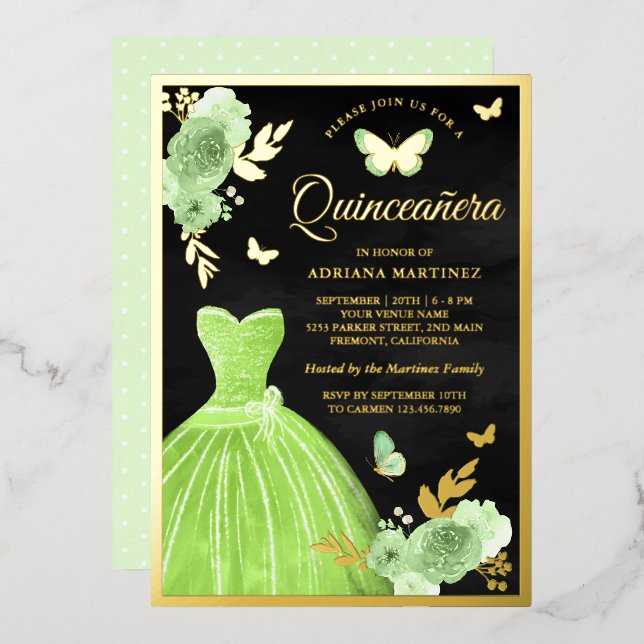 Invitation En Aluminium Beurre floral vert citron vert Quinceanera Or (Recto/Verso)