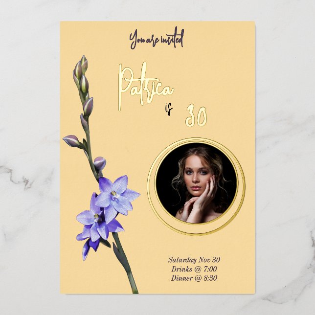 Invitation En Aluminium Beurre Jaune & Lilac SunOrchid Photo Anniversaire (Recto)