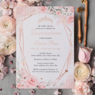 Invitation En Aluminium Beurre rose or rose rose Floral Quinceanera