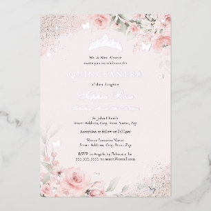 Invitation En Aluminium Beurre rose pâle Rose papillon argent Quinceanera