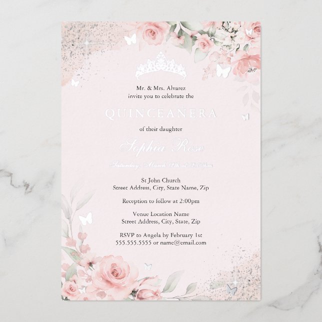 Invitation En Aluminium Beurre rose pâle Rose papillon argent Quinceanera (Recto)