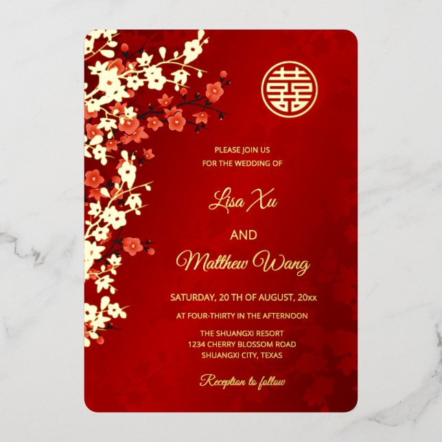 Invitation En Aluminium BILINGUAL Gold Cherry Blossom | Mariage chinois (Recto)