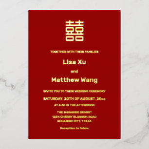 Invitation En Aluminium BILINGUAL Simple Red Gold Mariage chinois