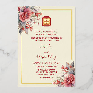 Invitation En Aluminium BILINGUE Roses Or Mariage Chinois