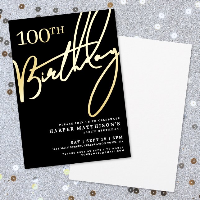 Invitation En Aluminium Black 100th Birthday Gold (Black 100th Birthday Gold Foil Invitation)