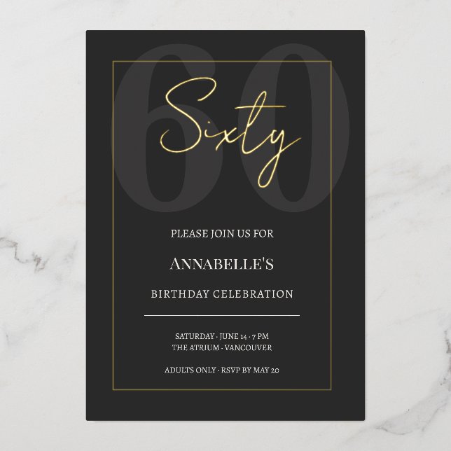 Invitation En Aluminium Black and Gold 60th Milestone Birthday Celebration (Recto)