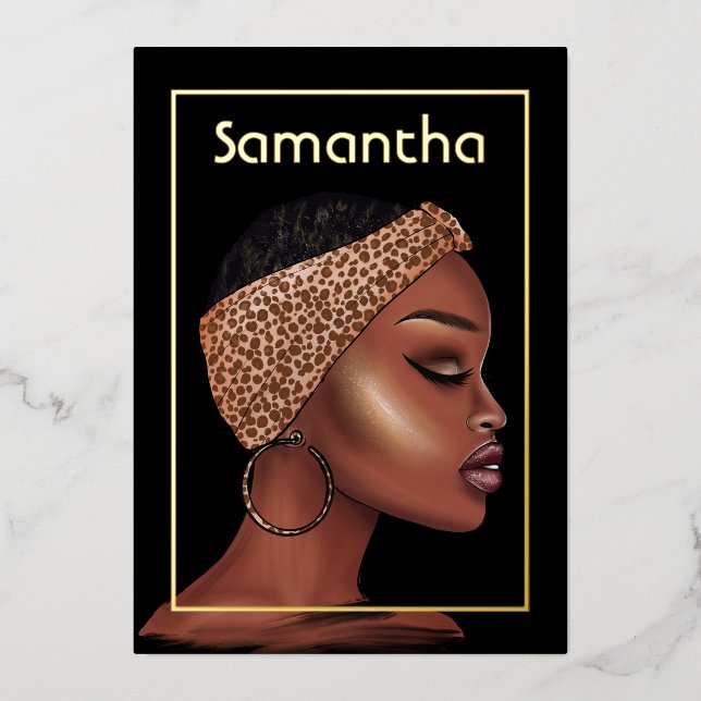 Invitation En Aluminium Black and Gold Black Woman Anniversaire Party (Recto)