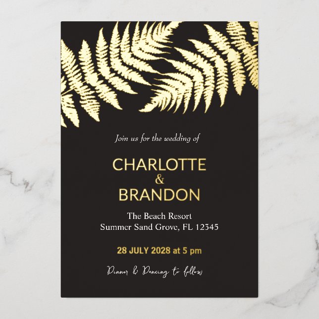 Invitation En Aluminium Black and Gold Ferns Extérieur Mariage Gold (Recto)