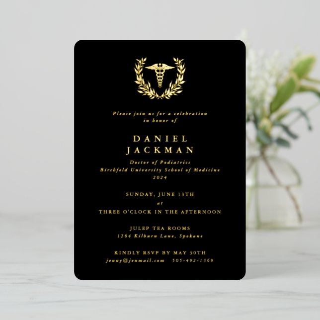 Invitation En Aluminium Black Caduceus + Laurel Médicale School Graduation (Debout devant)