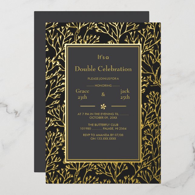 Invitation En Aluminium Black Elegant Double Celebration Anniversaire (Recto/Verso)