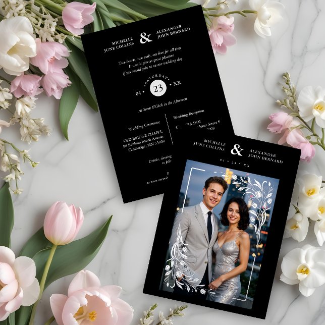 Invitation En Aluminium Black Exquisite Embellished Tulips Frame Photo (Black Exquisite Embellished Tulips Frame Photo Wedding Golden Metallic Foil Invitations Cards. )