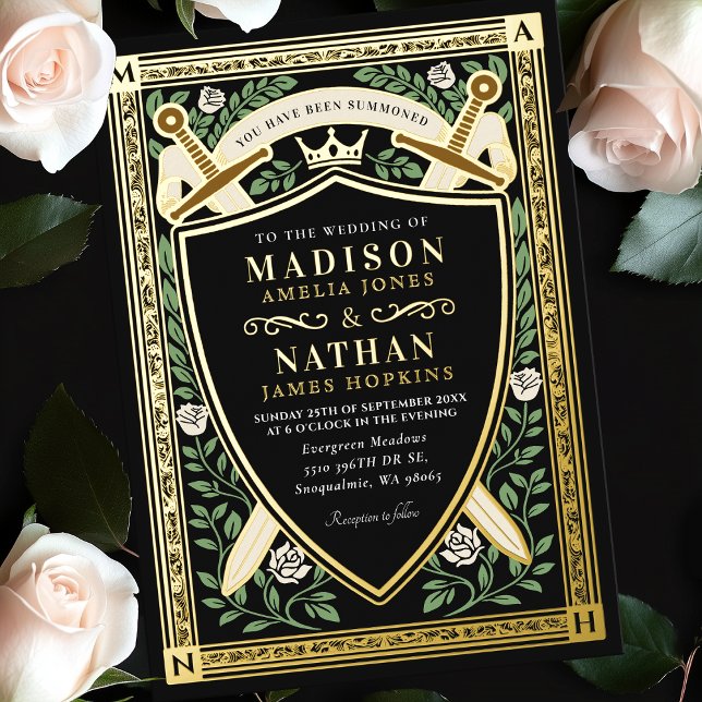 Invitation En Aluminium Black Floral Fantasy Sword Shield Monogram Wedding (Créateur téléchargé)