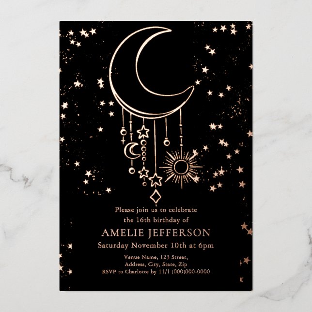 Invitation En Aluminium Black Foil Céleste Lune Anniversaire Foil Invitati (Recto)