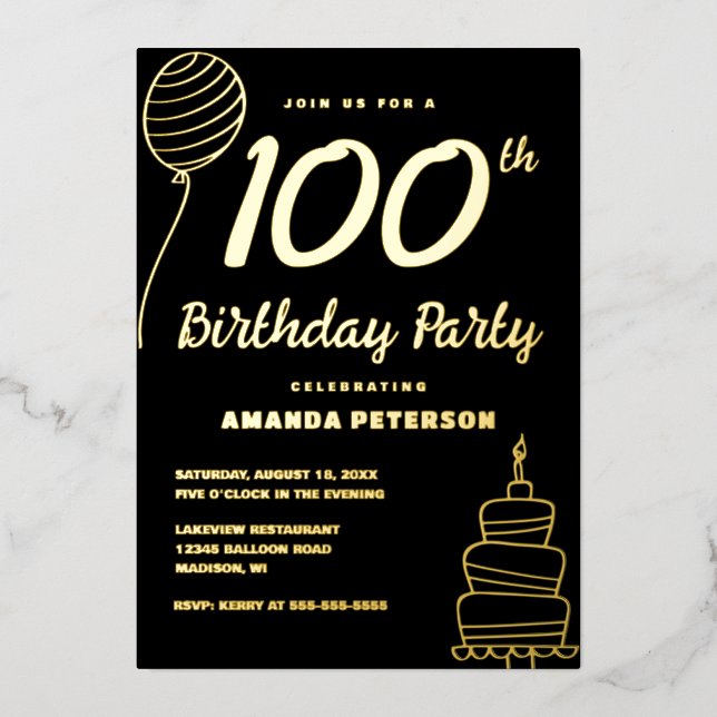 Invitation En Aluminium Black Gold 100e fête d'anniversaire Real Gold (Recto)
