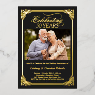 Invitation En Aluminium Black Gold 50th Mariage Anniversaire Photo