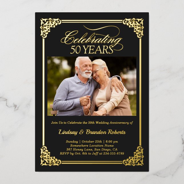Invitation En Aluminium Black Gold 50th Mariage Anniversaire Photo (Recto)